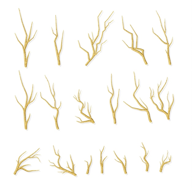 Vector decoration golden branches of trees with sparkles. gold decorative element, vector object isolated.