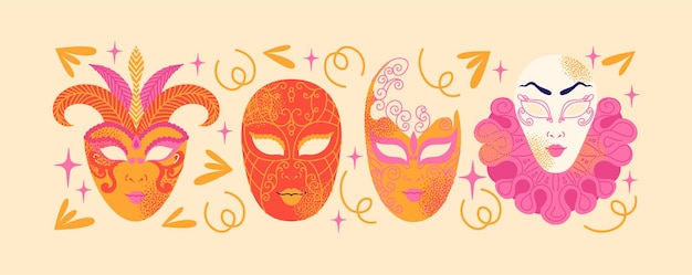 Vector decorative venetian carnival masks with ornate patterns and swirls carnival and masquerade party