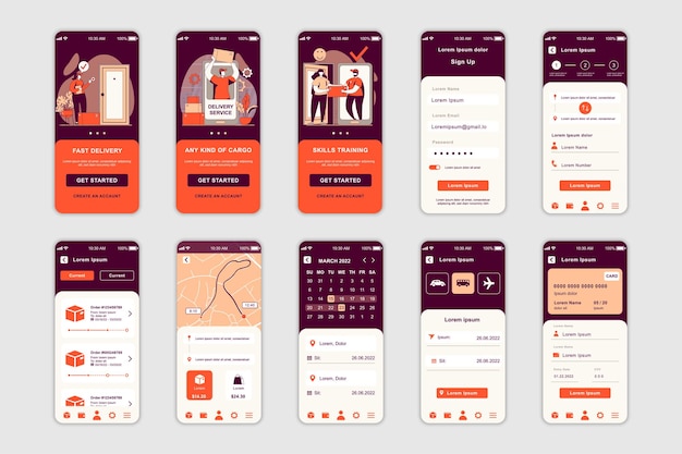 Vector delivery concept screens set for mobile app template ui ux gui user interface kit
