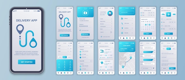Vector delivery mobile app interface screens template set account login logistic company services calendar parcel calculate tracking pack of ui ux gui kit for application web layout vector design