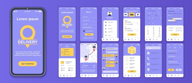 Vector delivery mobile app interface screens template set account login ordering shipping parcel calculate tracking on map client chat pack of ui ux gui kit for application web layout vector design