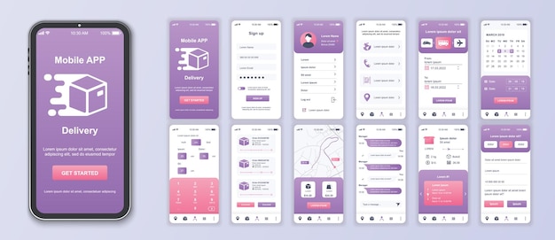 Vector delivery mobile app interface screens template set online account logistic service calendar parcel calculate tracking order pack of ui ux gui kit for application web layout vector design