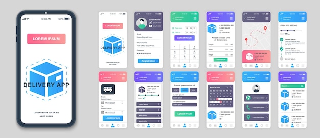 Vector delivery mobile app interface screens template set online account logistic service calendar parcel calculate tracking order pack of ui ux gui kit for application web layout vector design