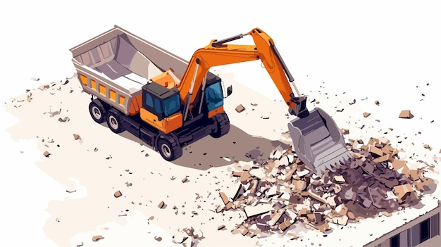 Vector demolition and construction excavator in action