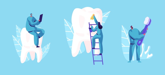 Vector dental care concept. tiny dentists characters in medical robe cleaning and brushing huge teeth. cartoon flat illustration