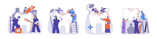 Vector dental care oral hygiene concept set tiny dentists brushing tooth removing plaque treating caries installation teeth implant stomatology flat isolated vector illustration no white background