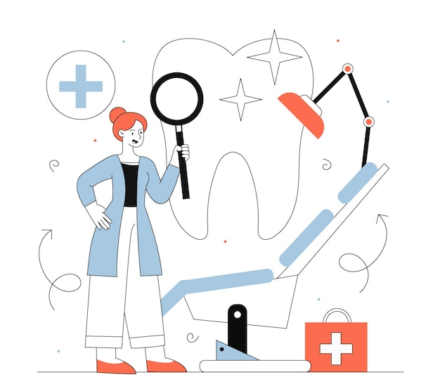 Vector dental inspection line concept woman with magnifying glass near large teeth young girl with dental equipment for treatment and medicine diagnosis and health care linear flat vector illustration