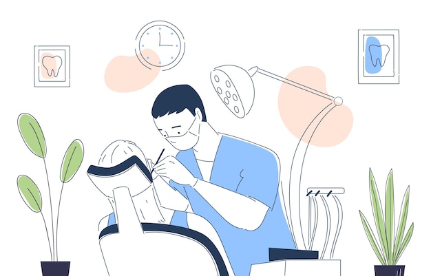 Vector dentistry scene linear concept dentist with patient health care and medicine treatment oral hygiene