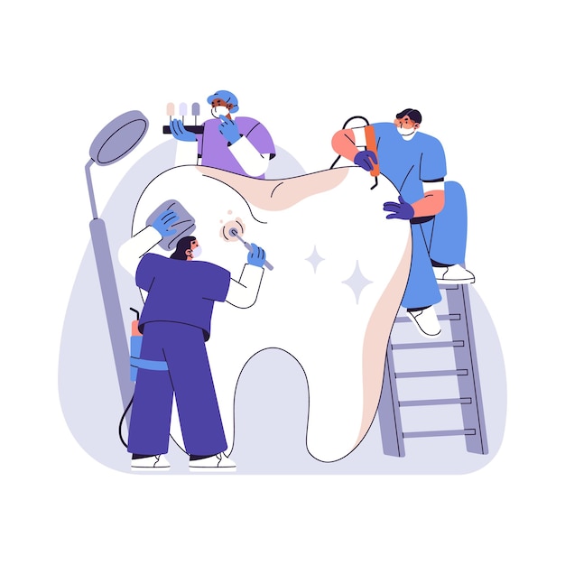 Vector dentists treating tooth with stomatology drilling machine stomatologists care about oral hygiene dentistry doctors do dental cleaning brushing polishing flat isolated vector illustration on white