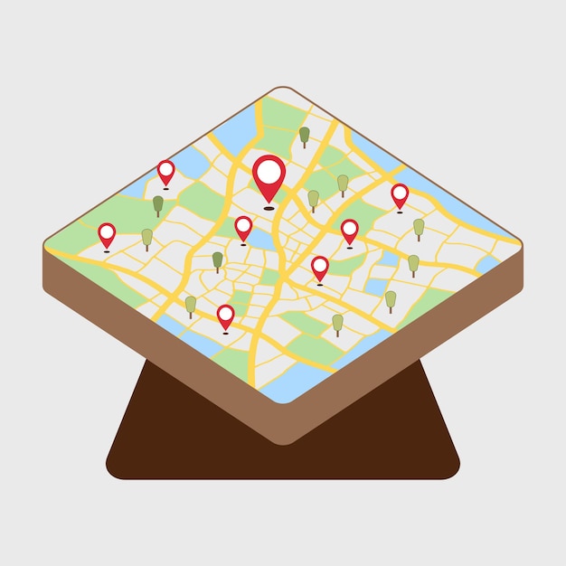 Vector design isometric map with location pins and buildings