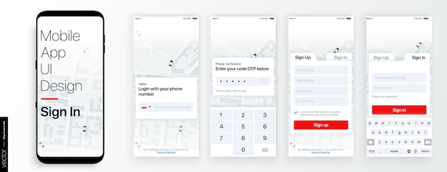 Vector design mobile application ui, ux. gui screens with login and password input, sign in and sign up.