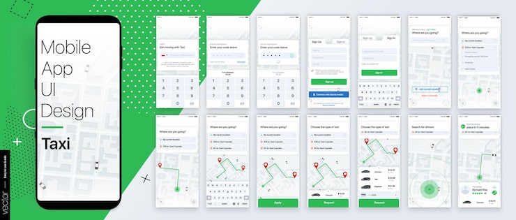 Design of the mobile application, UI, UX. A set of GUI screens with login and password input.