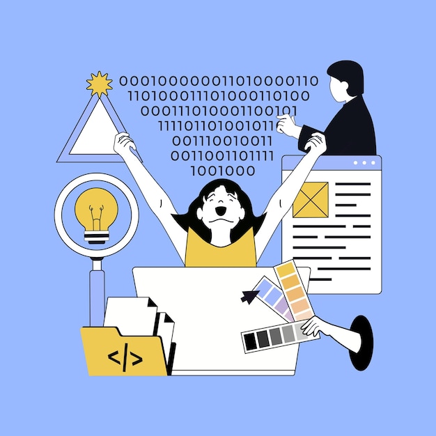 Vector design software development concept for modern web design people creating program code brainstorming and engineering application computing and working with colors swatches vector illustration