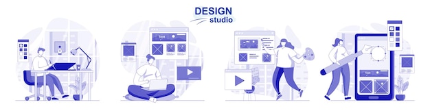 Vector design studio isolated set in flat design people draw graphic elements and create web content