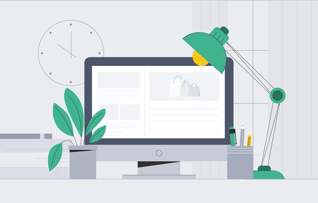 Vector desktop computer in floating table with lamp and plant.