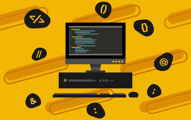 desktop computer and html and css elements for web design