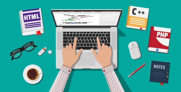 Vector desktop of programmer or coder.