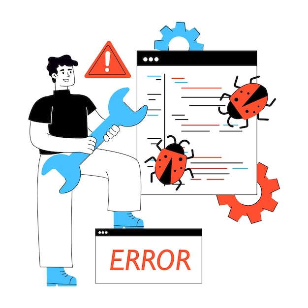 Vector developer debugging software code and fixing errors