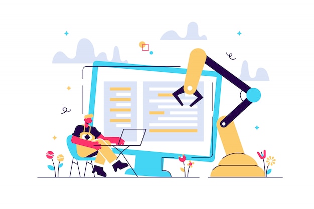 Vector developer at laptop and computer with open robotic soft. open automation architecture, open source robotics soft, free development concept. bright vibrant violet isolated illustration