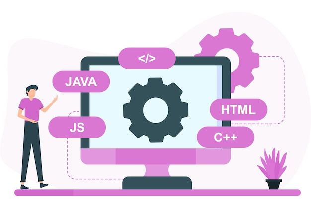 Vector developer presentating mobile app design using programming languages