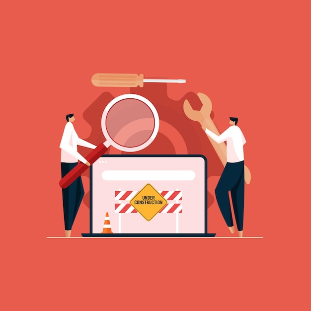 Vector developer team developing and maintaining web site solving error and bugs concept