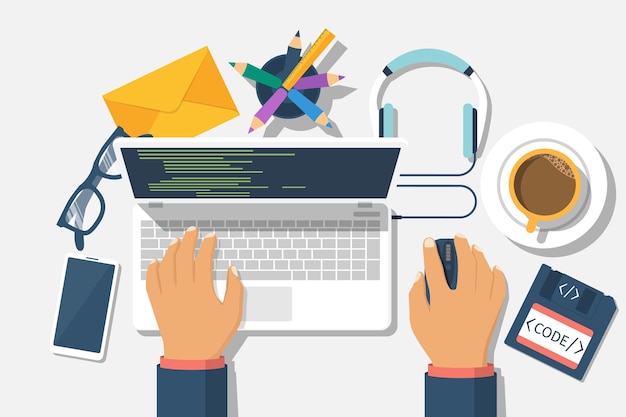 Vector developer web concept programmer write code for laptop software coding programming languages testing