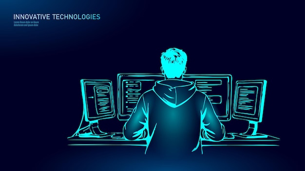 Vector developer works computers back view programmer coding it business software development black lines