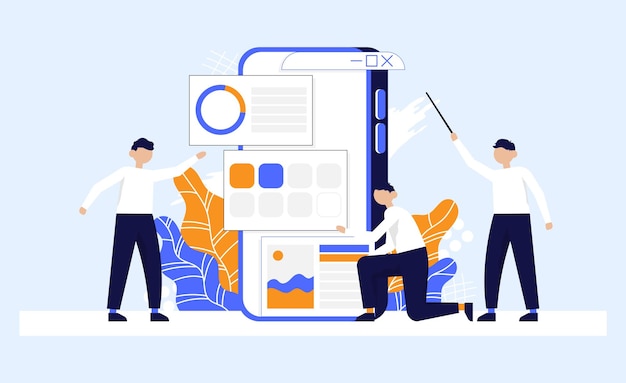 Vector developers team creating and programming interface application for phone or tablet