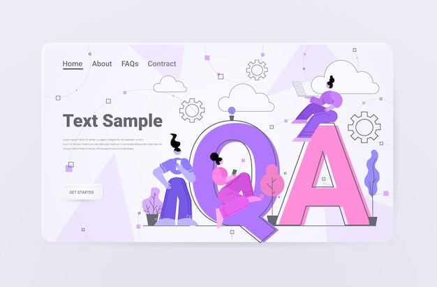 Vector developers team testing software app on digital gadgets qa landing page
