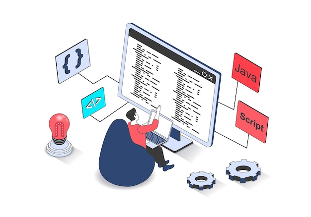 Vector development 3d isometric concept with isometry people design for web man working with programming code at computer screen creating software products computing and processing vector illustration