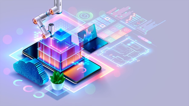 Vector development of hardware software system of smart building architectural engineering of smart house 3d draft of building engineering communications phone controls iot of smart building iot system