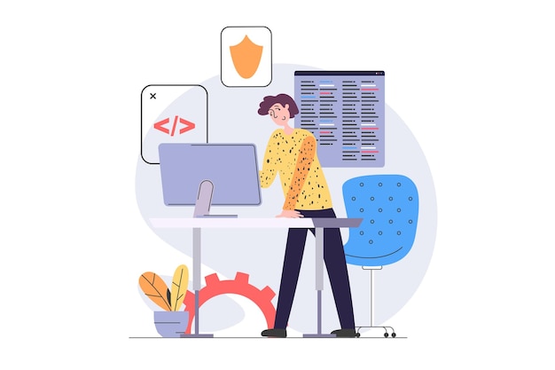 Vector development and programming concept in modern flat design for web man developer creating security system software product at computer and testing firewall from hacker attack vector illustration