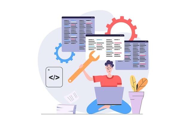 Vector development and programming concept in modern flat design for web programmer working at laptop and creating software code on screens fixing bugs and making system maintenance vector illustration