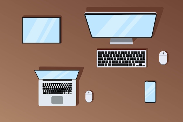 Vector device vector minimalistic illustration set smartphone laptop tablet computer with computer mous