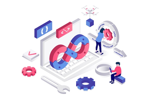 Vector devops 3d isometric concept in geometry graphic design for web people programmers and engineers working together build agile process and system life cycle to project release vector illustration