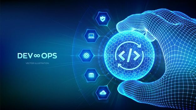 Vector devops agile development optimization concept in the shape of sphere with hexagon pattern in hand