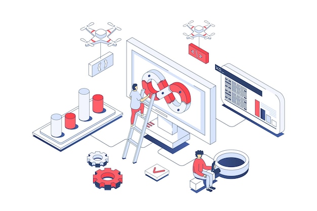 Vector devops concept in 3d isometric design developer team working in agile processes and programming automations for creating products vector illustration with isometry people scene for web graphic