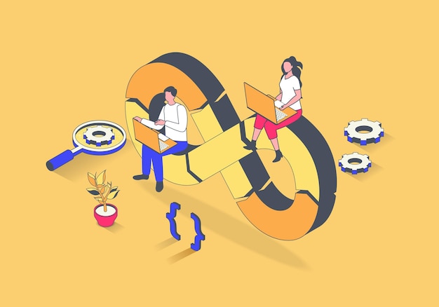 Vector devops concept in 3d isometric design manager makes administration of development operations programmer and engineer teams working vector illustration with isometry people scene for web graphic