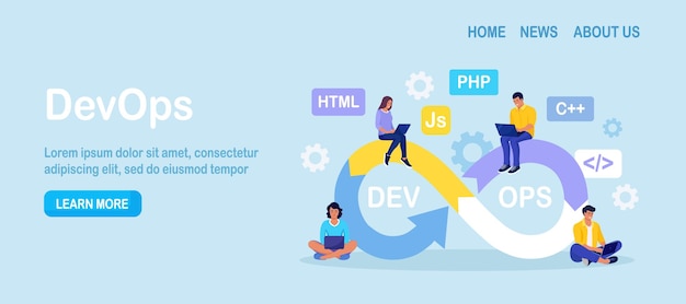 Vector devops concept programmers practice of development and software operations developer working on operations process technical support programming code programmer using devops method vector design