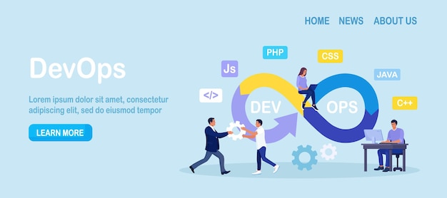 Vector devops concept programmers practice of development and software operations developer working on operations process technical support programming code programmer using devops method vector design