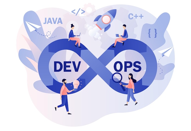 Vector devops concept tiny programmers practice of development and software operations sign of infinity