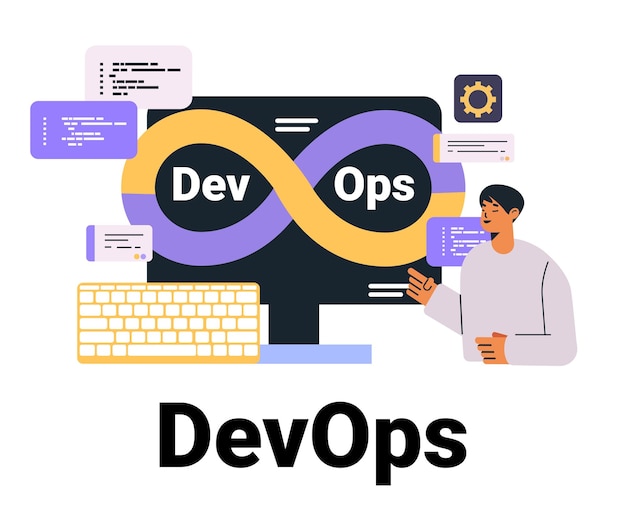 Vector devops concept with infinity loop symbol programmer interacting with computer code elements gear