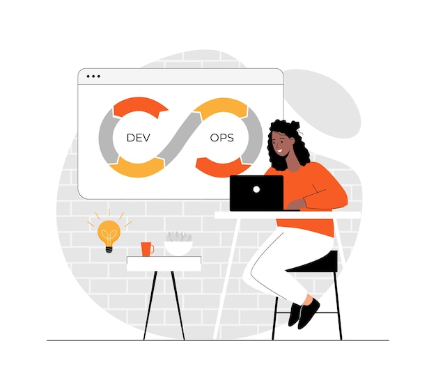 Vector devops developer concept programmer working on software development operations process technical