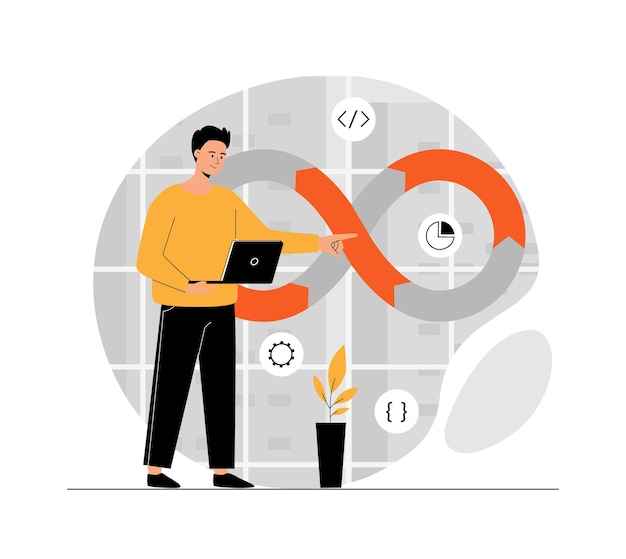 Vector devops developer concept programmer working on software development operations process technical