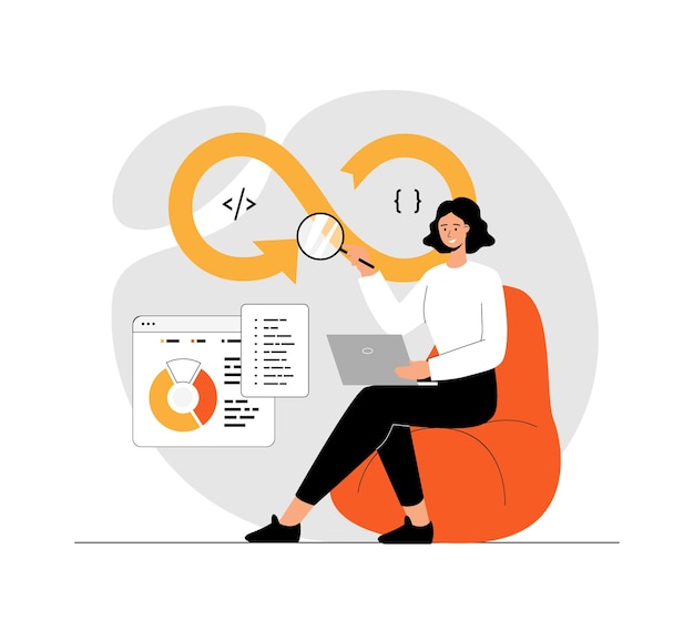 Vector devops developer concept programmer working on software development operations process technical