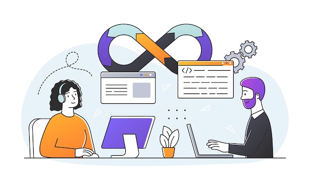 Vector devops engineers concept developers sit at computers and create website using programming language