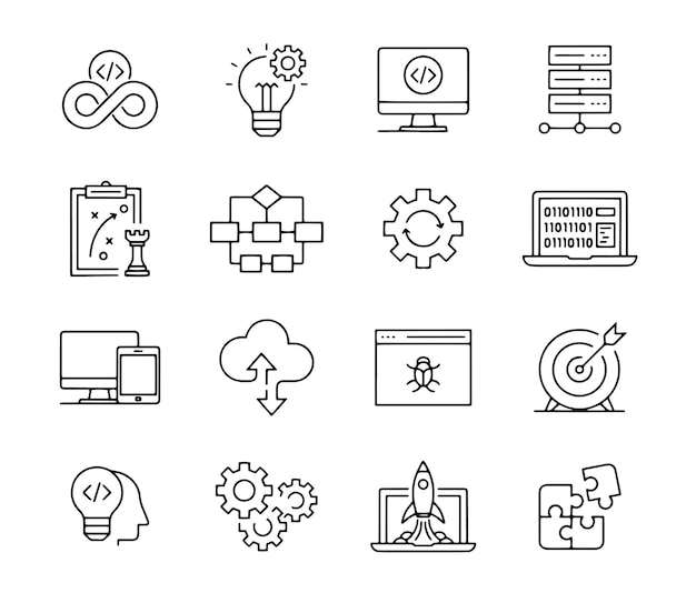 devops line icon set coding developer programming internet technology software