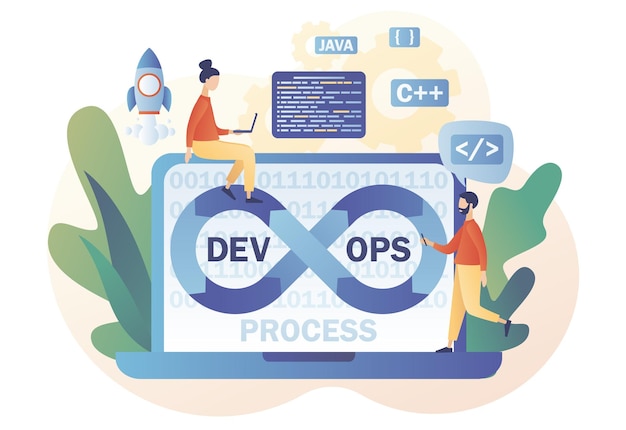 Vector devops process on laptop. tiny programmers practice of development and software operations.