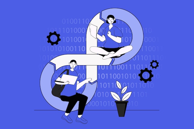 Vector devops web concept with character scene in flat design people creating software and using development operations system for communication vector illustration for social media marketing material