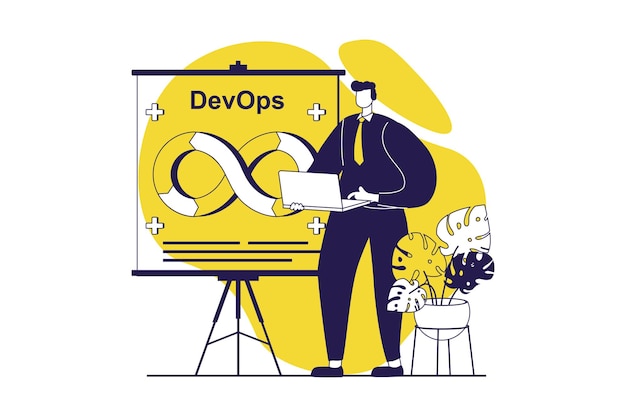 Vector devops web concept with flat people for website design man working with coding and management using job integration practice with agile cycles in project maintenance product vector illustration